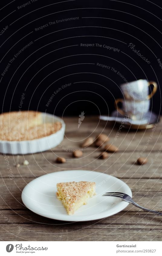 Swedish almond cake Food Dough Baked goods Cake Candy Nutrition To have a coffee Slow food Plate Cup Fork Delicious Sweet Pastry fork Wooden table