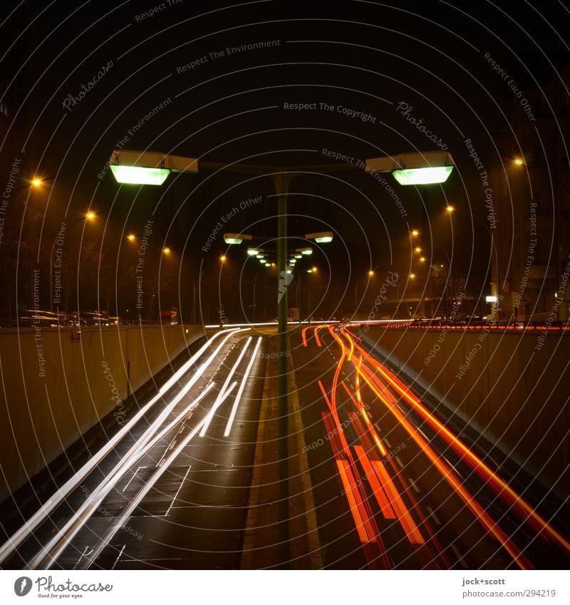 Up and away Winter Traffic infrastructure Road traffic Street Street lighting Car Line Driving Cold Gloomy Speed Mobility Traffic lane Haze Row Tracer path Ramp