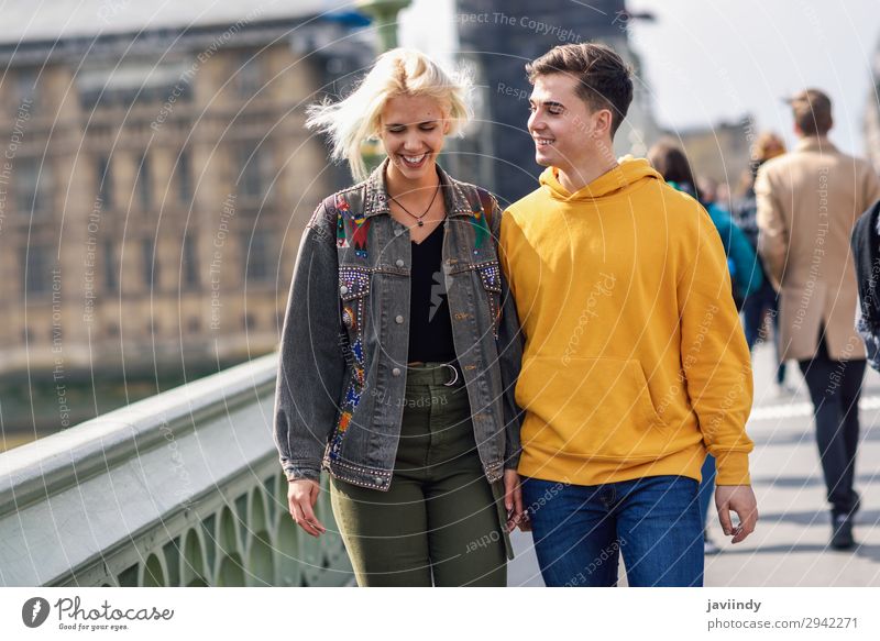 Happy couple by westminster bridge, River Thames, London. UK. Lifestyle Joy Beautiful Vacation & Travel Tourism Sightseeing Human being Masculine Feminine