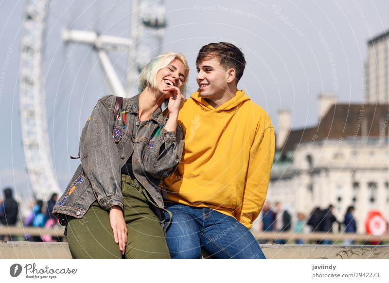 Happy couple by westminster bridge, River Thames, London. UK. Lifestyle Joy Beautiful Vacation & Travel Tourism Sightseeing Human being Masculine Feminine