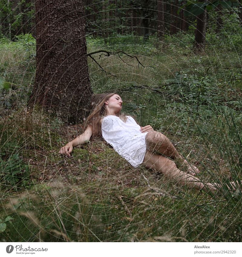 Portrait of a young woman in a white summer dress lying under a tree in the forest Joy pretty Relaxation Calm Young woman Youth (Young adults) 18 - 30 years