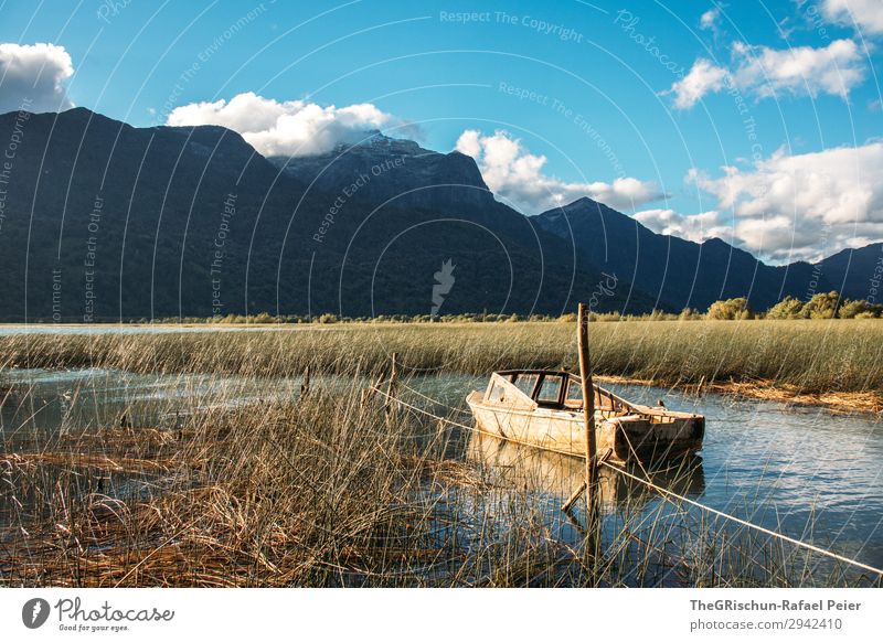 Peulla Nature Blue Brown Watercraft Mountain peulla Chile Patagonia Lake Coast Common Reed Clouds Shadow Colour photo Exterior shot Deserted Copy Space top