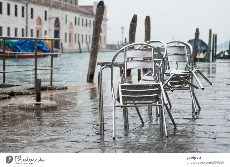 abundance Chair Table Winter Weather Bad weather Rain River bank Channel Venice Port City Places Wet Gray Tourism Gastronomy Break Deluge Subdued colour