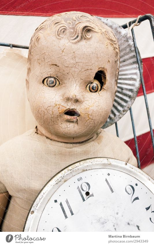 Old vintage doll with damaged face Hallowe'en Baby Creepy Retro Crazy Fear huge scary dirty old broken head dolls portrait spooky Background picture Vintage