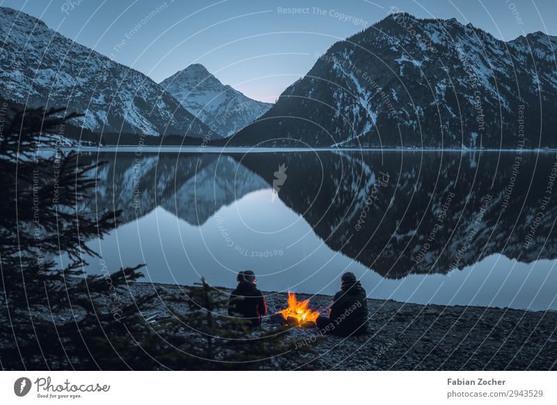 Lake campfire Freedom Mountain Couple Adults 2 Human being Nature Landscape Water Alps Snowcapped peak Lakeside Plansee Austria Moody Happy Adventure