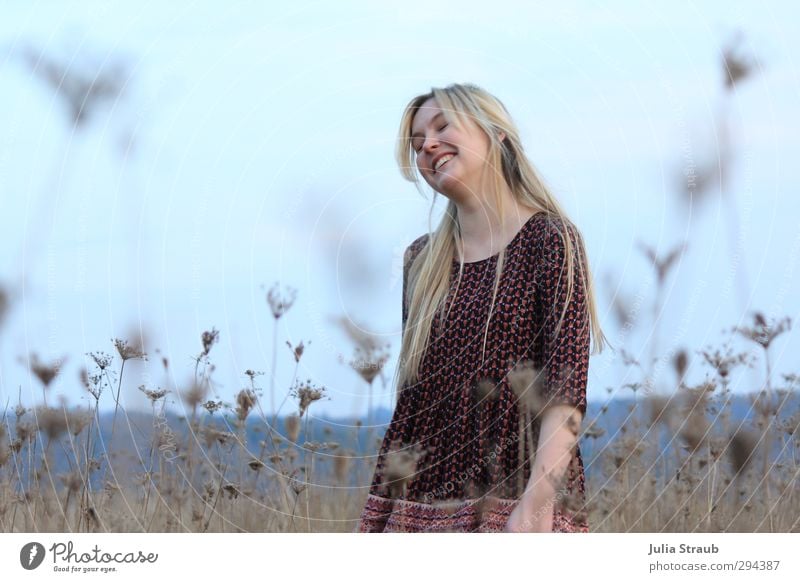 splendid Sky Spring Field Dress Blonde Long-haired Bangs Laughter Free Happiness Red Light blue Beige Brown Crops Life Happy Colour photo Exterior shot Day