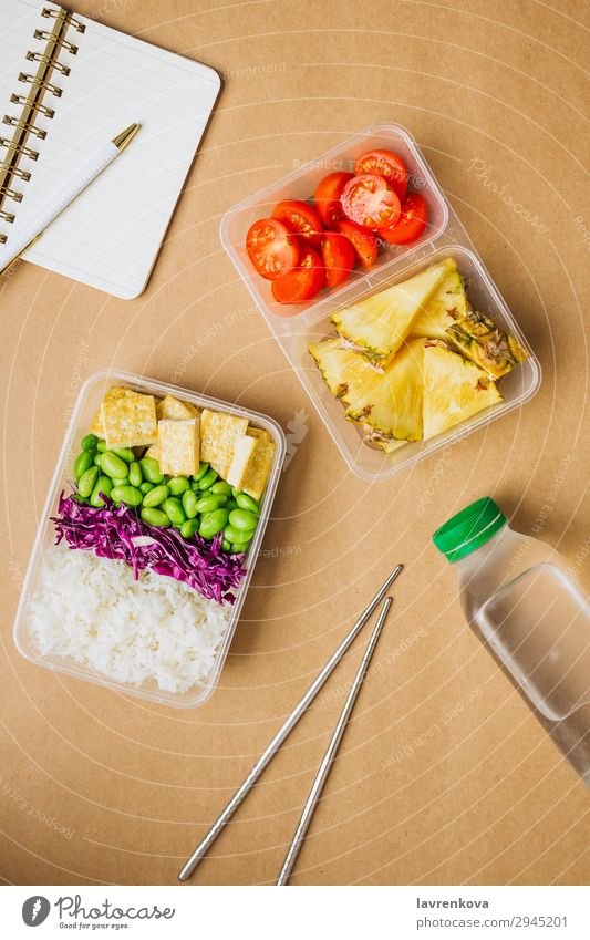 Healthy asian-style vegan bento box Pen Notebook Planer Bottle Water Tomato Cut Pineapple Red cabbage Tasty Cooking metal chopsticks take away lunch box