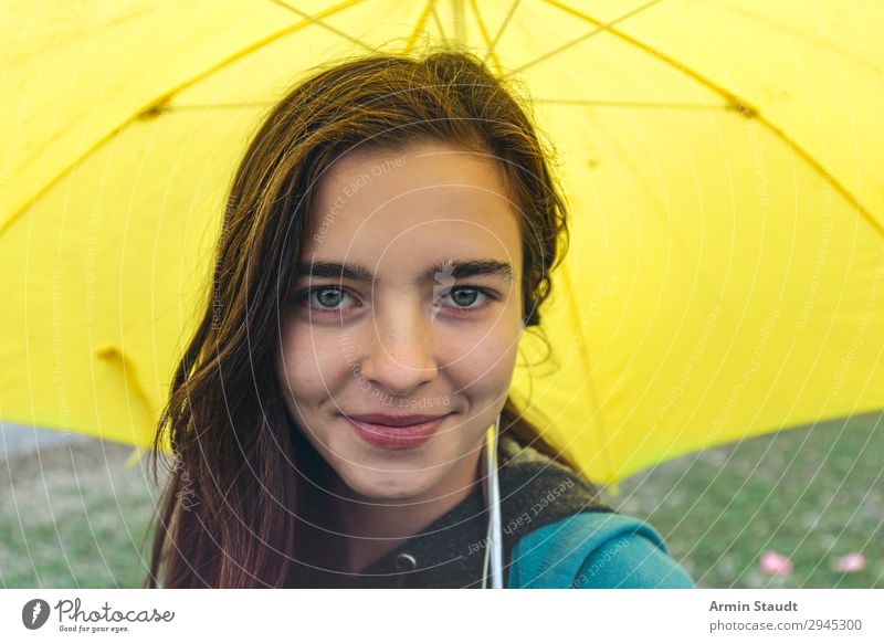 Portrait with umbrella Lifestyle Joy Happy Beautiful Contentment Relaxation Trip Human being Feminine Young woman Youth (Young adults) Face 1 13 - 18 years
