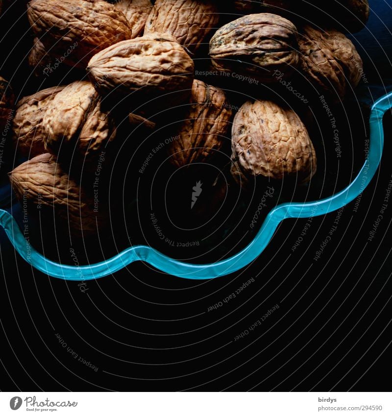 walnuts Food Walnut Nut Organic produce Vegetarian diet Healthy Eating Bowl Esthetic Positive Blue Brown Black Pure Undulation Partially visible Dark background