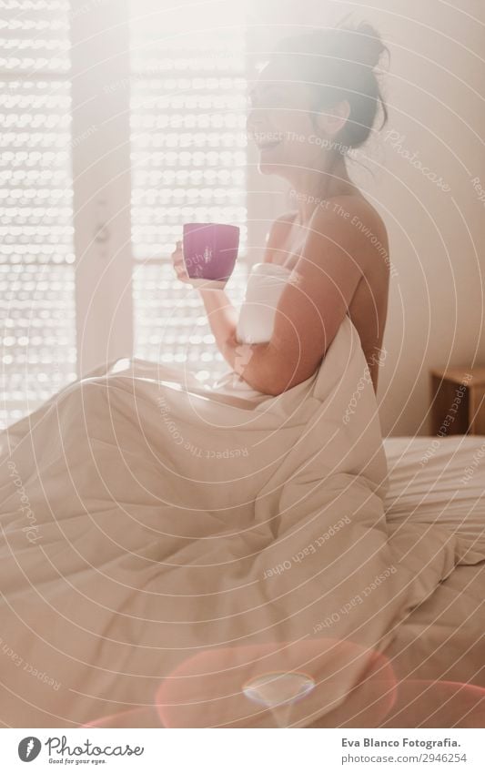 woman on bed enjoying a cup of coffee. morning Beverage Coffee Lifestyle Happy Beautiful Body Relaxation Sun Flat (apartment) House (Residential Structure) Bed