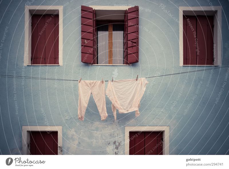 washing day Burano House (Residential Structure) Facade Window Clothing Shirt Pants Underwear Blue Red Idyll Nostalgia Living or residing Venice Clothesline