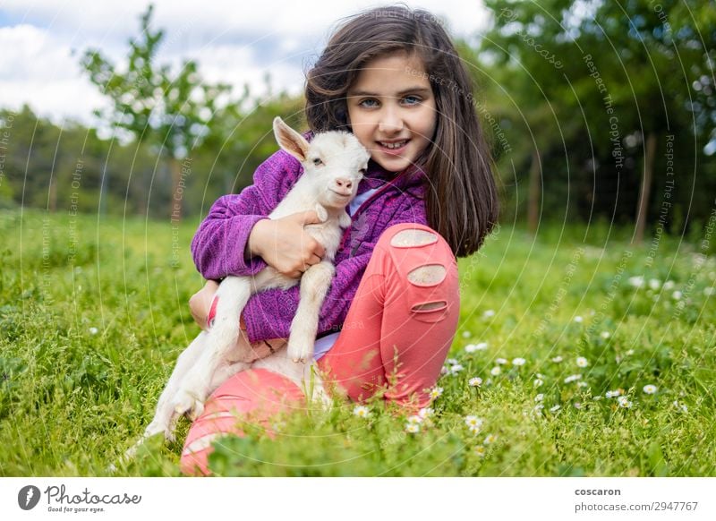 Little girl hugging a goat on a field Lifestyle Happy Beautiful Leisure and hobbies Playing Vacation & Travel Summer Summer vacation Garden Child Human being