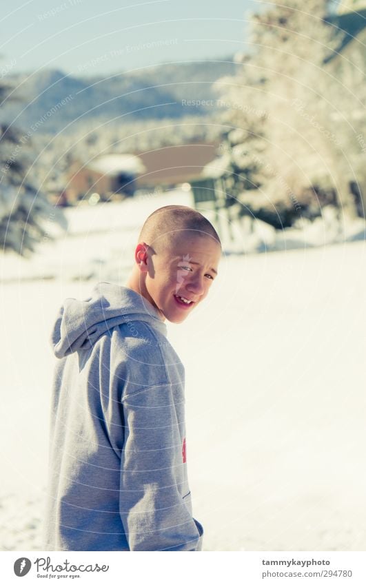 Bald teen boy smiling in the snow Joy Vacation & Travel Winter Snow Winter vacation Mountain Boy (child) Young man Youth (Young adults) 1 Human being