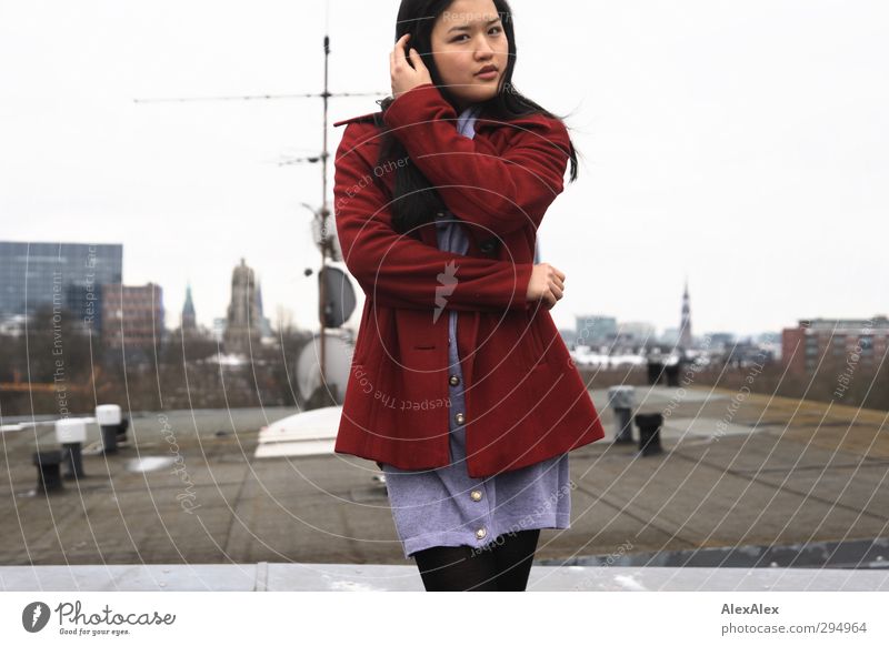 who have the red cloak Dish antenna Antenna Hamburg High-rise Monument Coat Black-haired Long-haired Metal Movement Esthetic Beautiful Thin Red Self-confident