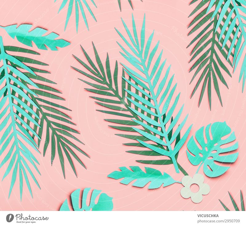Tropical leaves pattern on pink background Design Summer Nature Plant Leaf Decoration Ornament Hip & trendy Pink Turquoise Background picture Square Hipster