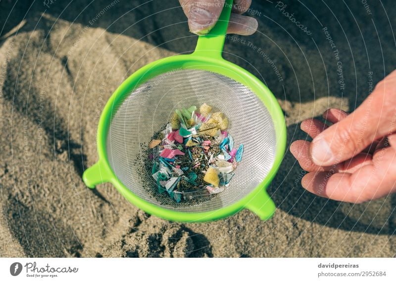 Colander with microplastics on the beach Beach Human being Man Adults Grandfather Hand Environment Sand Sieve Plastic Old Dangerous Teamwork