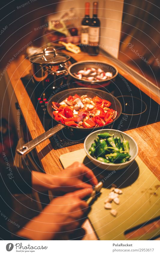 #A# fresh food Art Esthetic Eating Cooking Frying Pepper Chopping board Garlic Mediterranean recipe Colour photo Subdued colour Interior shot Studio shot