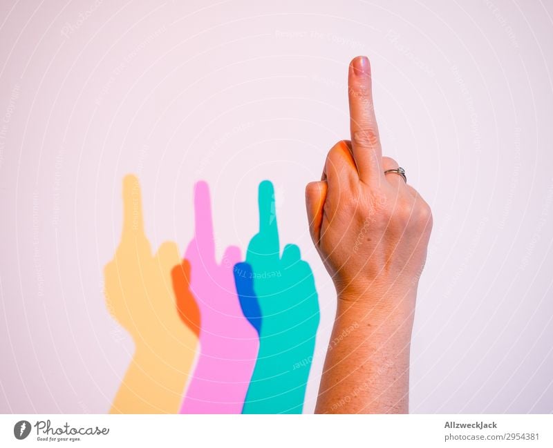 F*CK YOU - colourful stinky finger Hand Gesture Give the finger fuck you fuck off Middle finger Multicoloured Yellow Magenta Cyan statement Answer LGBT