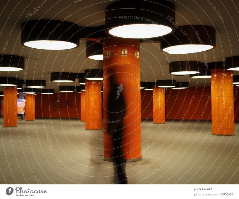 Underground incognito Tunnel Architecture Underpass Retro Orange Lanes & trails Seventies Tile Skylight Artificial light Silhouette Long exposure motion blur