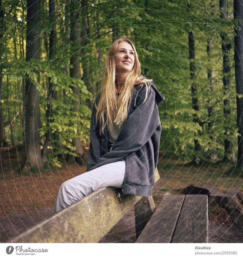 Young woman sitting on a bench in a forest pretty Wellness Life Trip Youth (Young adults) 18 - 30 years Adults Nature Landscape Spring Summer Beautiful weather