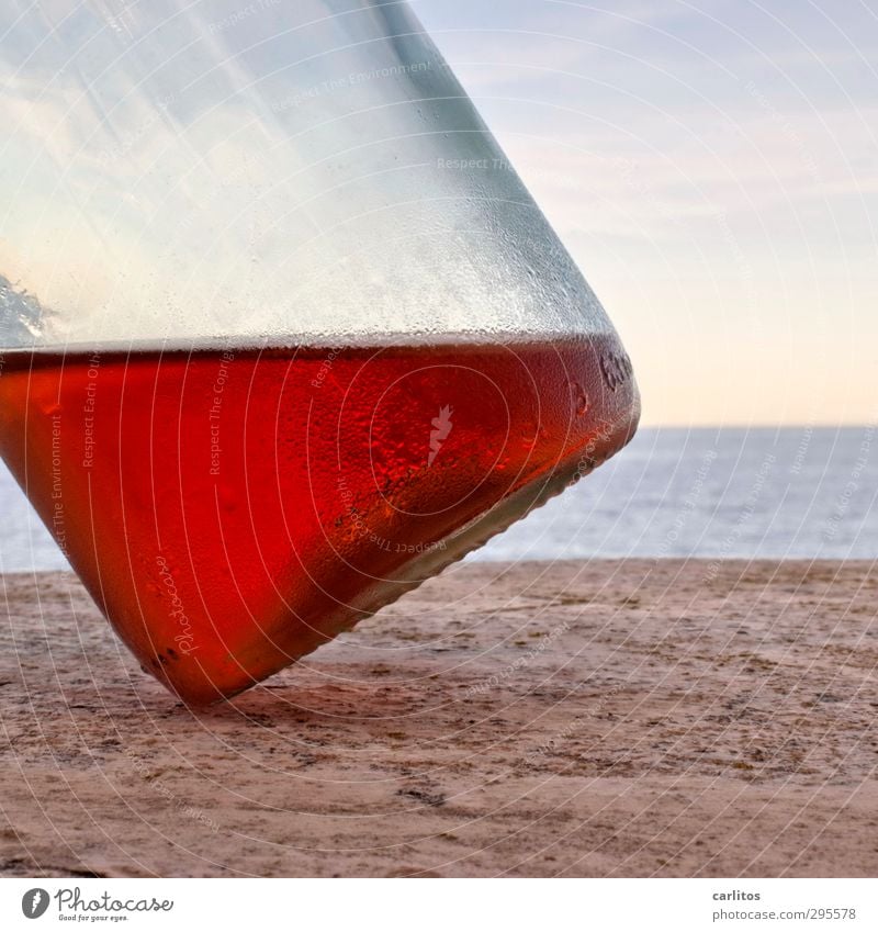 summertime Water Red Bottle Wine Rose Tumble down Tilt Dew Sky Ocean Table Mediterranean Vacation & Travel Alcoholic drinks Majorca Colour photo Deserted Day
