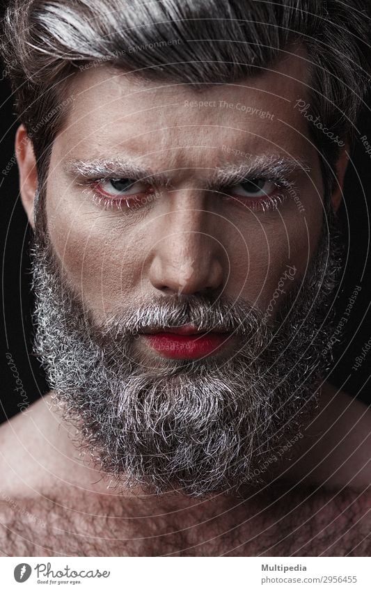 Glamour man with red lips and tongue Lifestyle Elegant Style Design Face Human being Man Adults Fashion Beard Cool (slang) Eroticism Hip & trendy Funny White