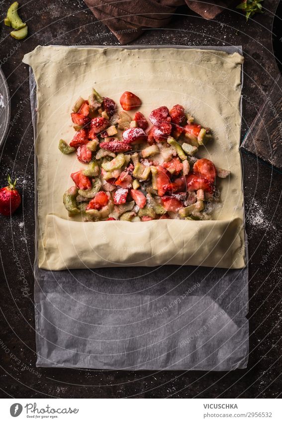 Rhubarb and strawberry strudel cake preparation Food Fruit Dough Baked goods Cake Nutrition Organic produce Style Design Healthy Eating Summer Table Kitchen