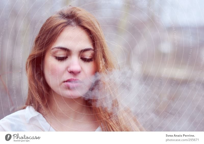 woman smokes. Feminine Young woman Youth (Young adults) Hair and hairstyles Face 1 Human being 18 - 30 years Adults Environment Nature Observe Beautiful