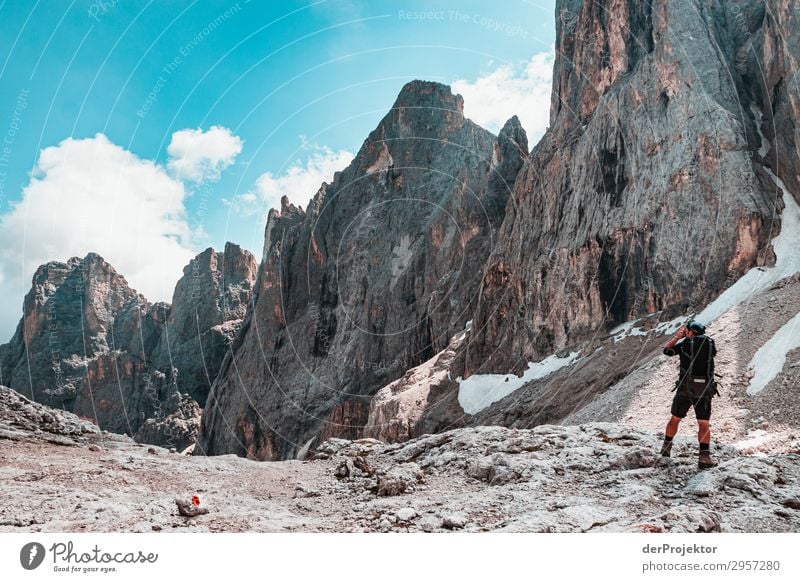 Dolomites with hiker in the foreground Adventure Hiking Beautiful weather Bad weather Fog Peak Summer Landscape Nature Environment Far-off places Freedom