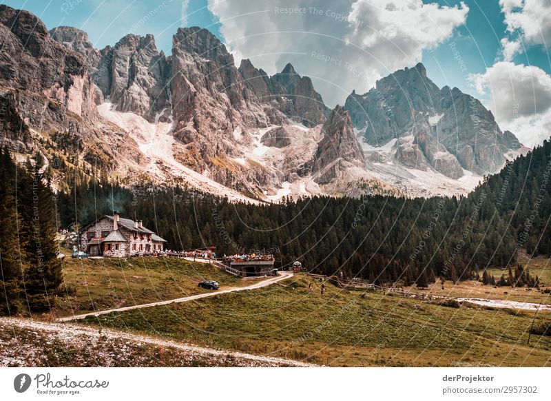Dolomites with inn in the foreground Adventure Hiking Beautiful weather Bad weather Fog Peak Summer Landscape Nature Environment Far-off places Freedom Mountain