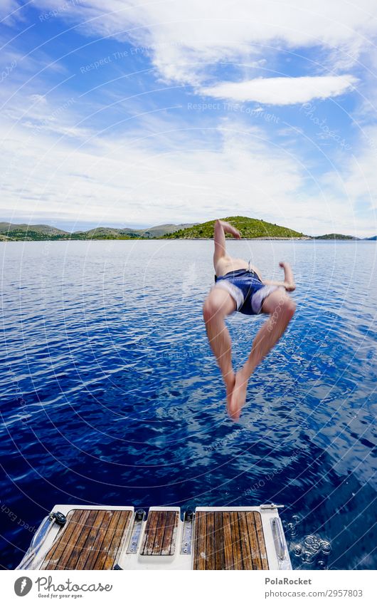 #S# Jump into the blue Leisure and hobbies Masculine 1 Human being Athletic Sailboat Water Blue Ocean Island Refrigeration Vacation & Travel Vacation mood