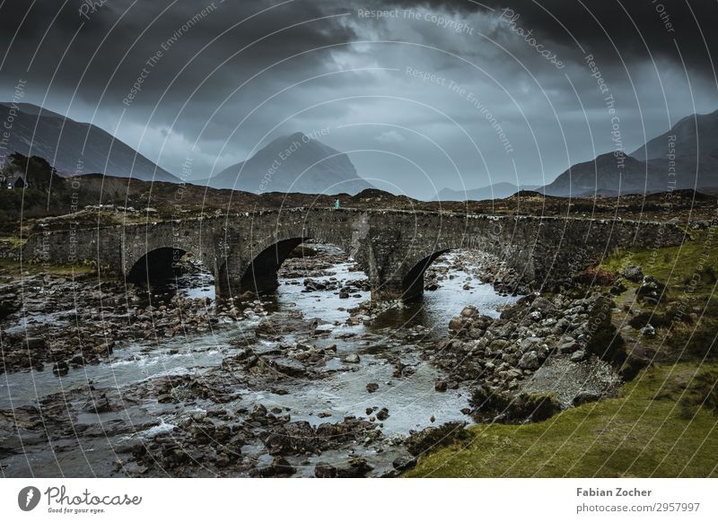 Sligachan Bridge on the Isle of Skye in Scotland Vacation & Travel Adventure Camping Island Nature Landscape Clouds Spring Bad weather Fog Grass Mountain Brook