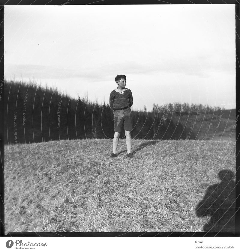 Youth photo | Generation tent camp Masculine Young man Youth (Young adults) 1 Human being Horizon Meadow Mountain Belt Observe Stand Authentic Historic