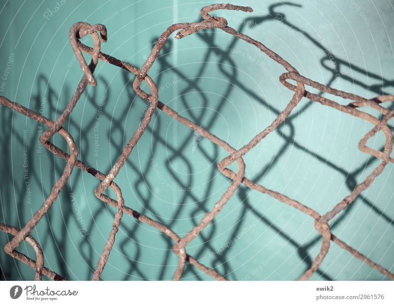 piece of wiring Wire netting Wire netting fence Keg Metal Plastic Old To hold on Thin Firm Together Brown Turquoise Bizarre Complex Arrangement Feeble Decline