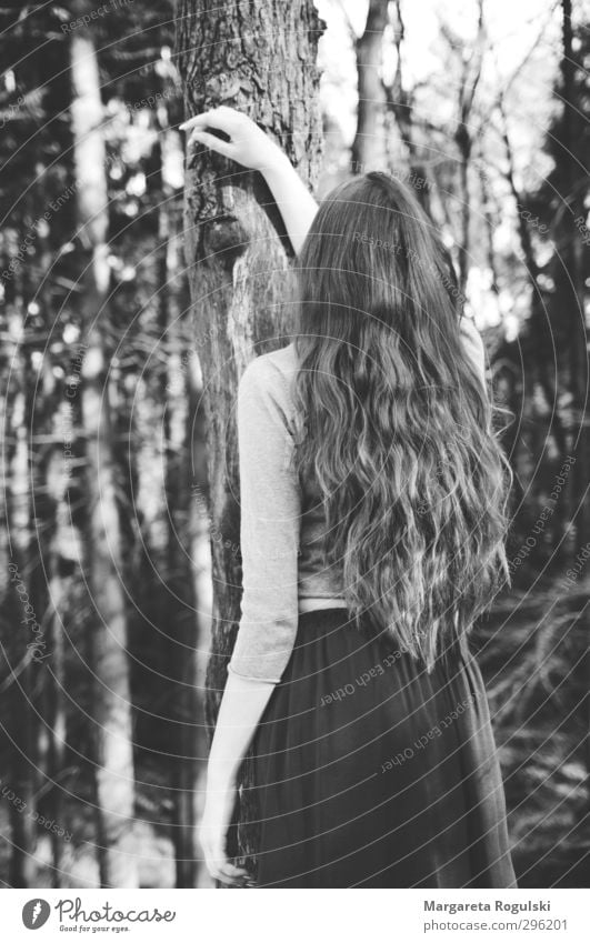 hair Feminine 1 Human being Environment Nature Bushes Forest Skirt Dress Sweater Hair and hairstyles Stand Black & white photo Day