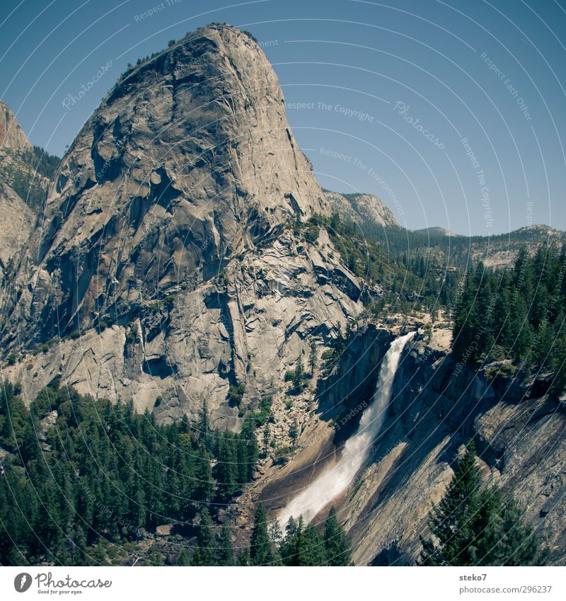 Yosemite Cloudless sky Forest Rock Mountain Peak Waterfall Large Tall Blue Gray Green Nature Yosemite National Park Colour photo Exterior shot Deserted