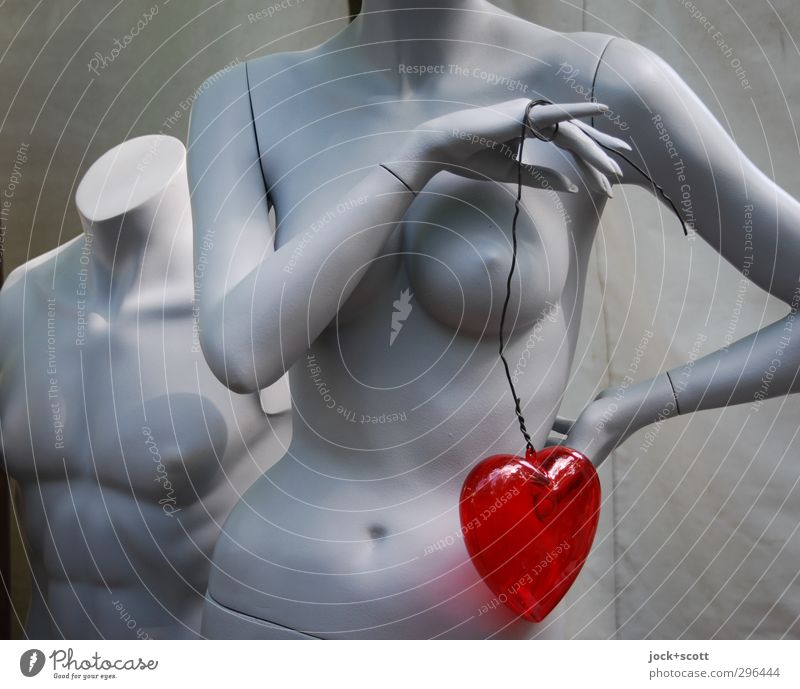 Heart can the mannequin Torso Kitsch Mannequin Positive Eroticism Gray Red Together Love Infatuation Relationship Chest Suspended Naked Headless Wire Sincere