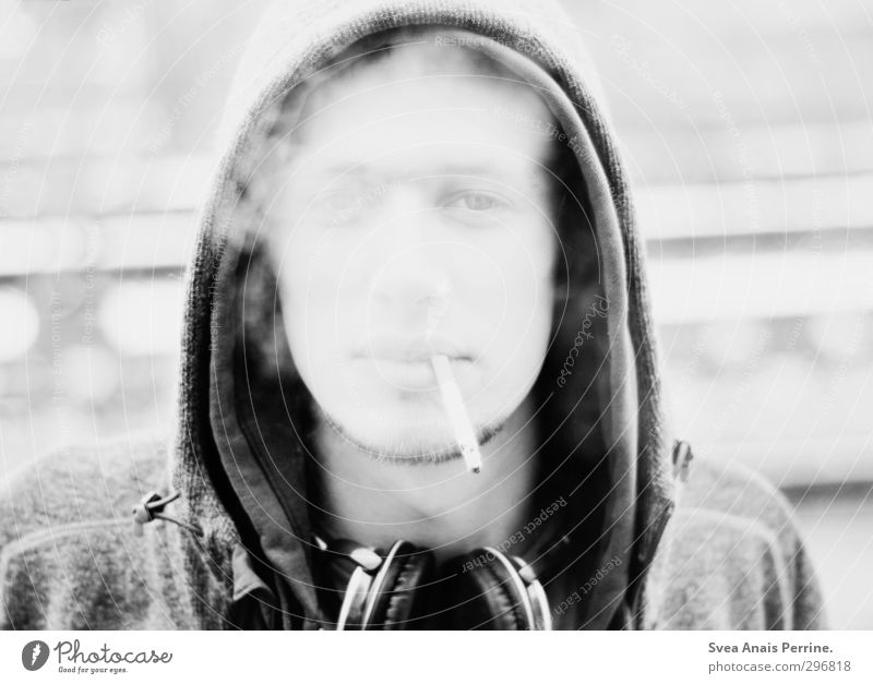 white smoke. Masculine Face 1 Human being Hooded sweater Jacket Headphones To enjoy Smoking Dream Cool (slang) Emotions Self-confident Exhaust gas Bright