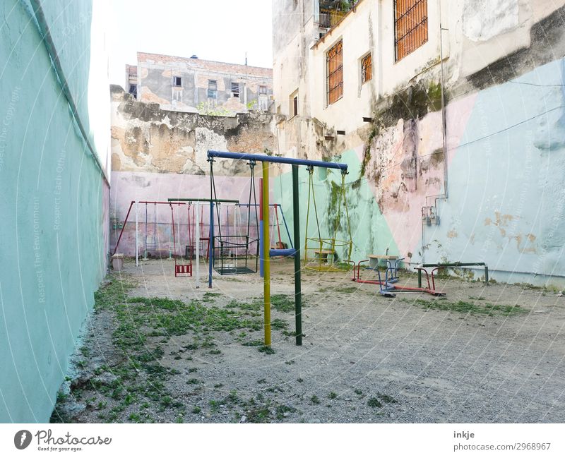 Cuban playground Deserted House (Residential Structure) High-rise Places Playground Wall (barrier) Wall (building) Swing Seesaw Courtyard Old Poverty Authentic