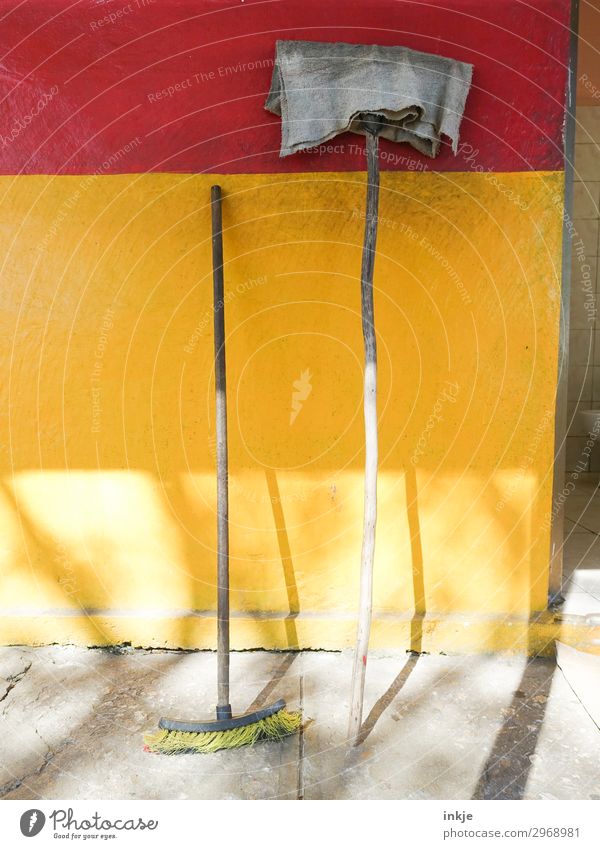 Cuban plaster facade Deserted Wall (barrier) Wall (building) Facade Broom Feather duster Old Authentic Simple Yellow Red Lean Colour photo Multicoloured