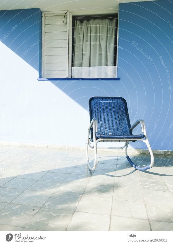 Cuban terrace Deserted House (Residential Structure) Facade Terrace Window Rocking chair Chair Curtain Authentic Simple Blue White Break Colour photo