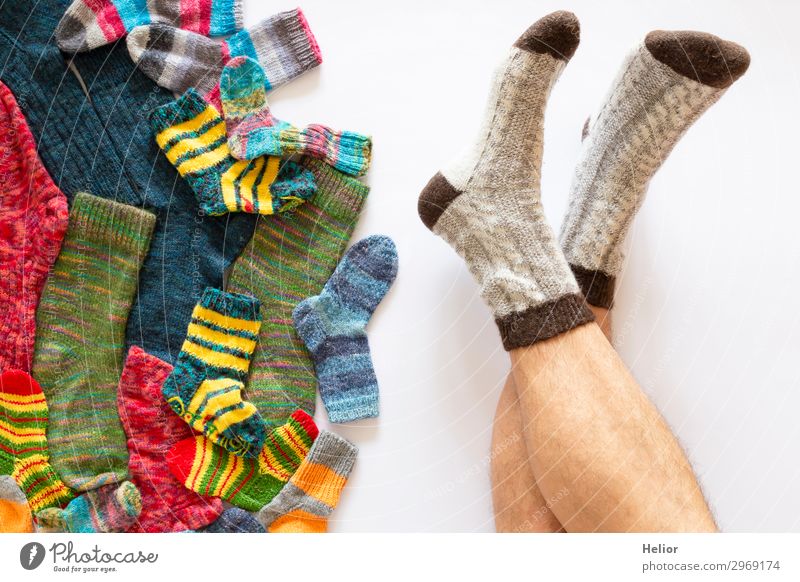Colourful socks on white background and a pair of male legs Style Design Handcrafts Knit Winter Human being Masculine Man Adults Legs Feet 1 30 - 45 years