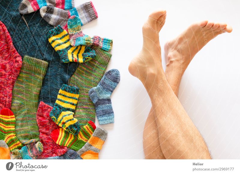 Colorful socks and a pair of naked legs on white background Style Design Winter Human being Masculine Man Adults Legs Feet 1 30 - 45 years Fashion Relaxation