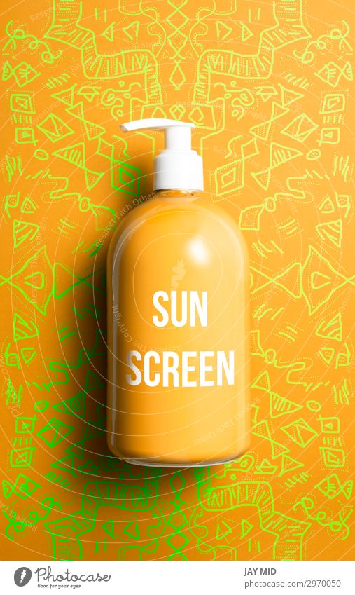 Sun screen bottle on orange background, coneptual idea Bottle Skin Cosmetics Cream Summer Sunbathing Screen Container Plastic Clean White Protection Idea