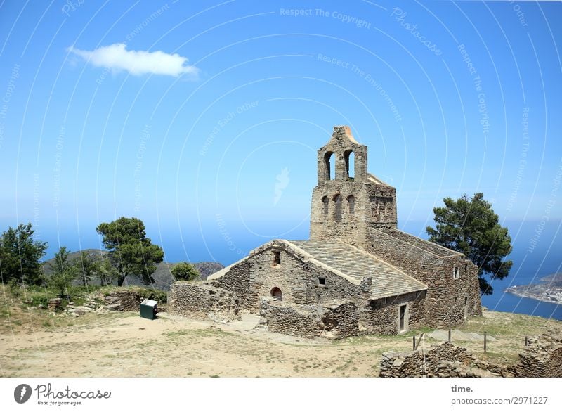 very lost holy place Sky Clouds Horizon Beautiful weather Tree Coast Ocean Catalonia Church Ruin Architecture Wall (barrier) Wall (building) Tourist Attraction