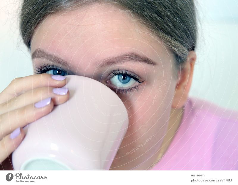 Pink Morning Coffee Nutrition Breakfast To have a coffee Beverage Drinking Hot drink Cup Mug Lifestyle Style Beautiful Nail polish Mascara Harmonious