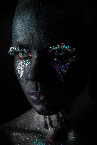 Girl in black makeup with sparkles Body Face Make-up Woman Adults Art Fashion Glittering Dark Eroticism Bright Cute Black Bizarre Colour Creativity Nightclub