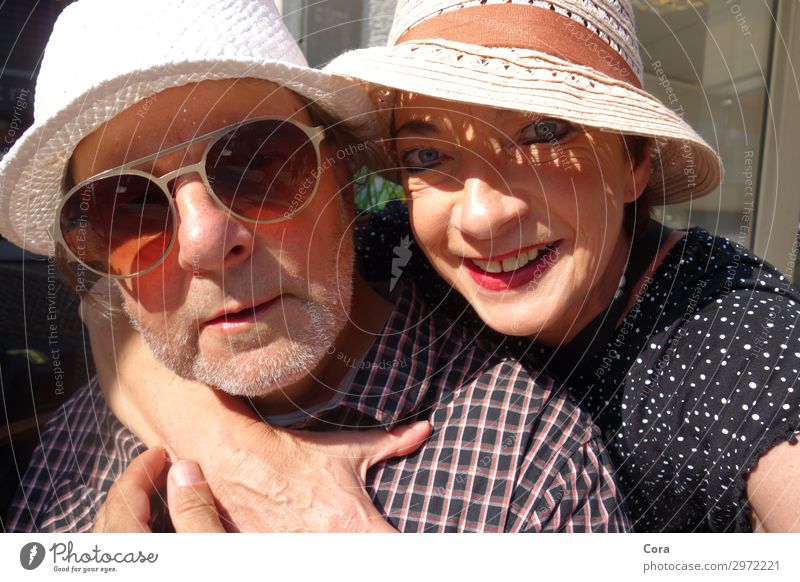 Freshly in love Happy Summer Sun Couple Sunhat Spring fever Lovers Colour photo Close-up Day Sunlight Portrait photograph Looking into the camera