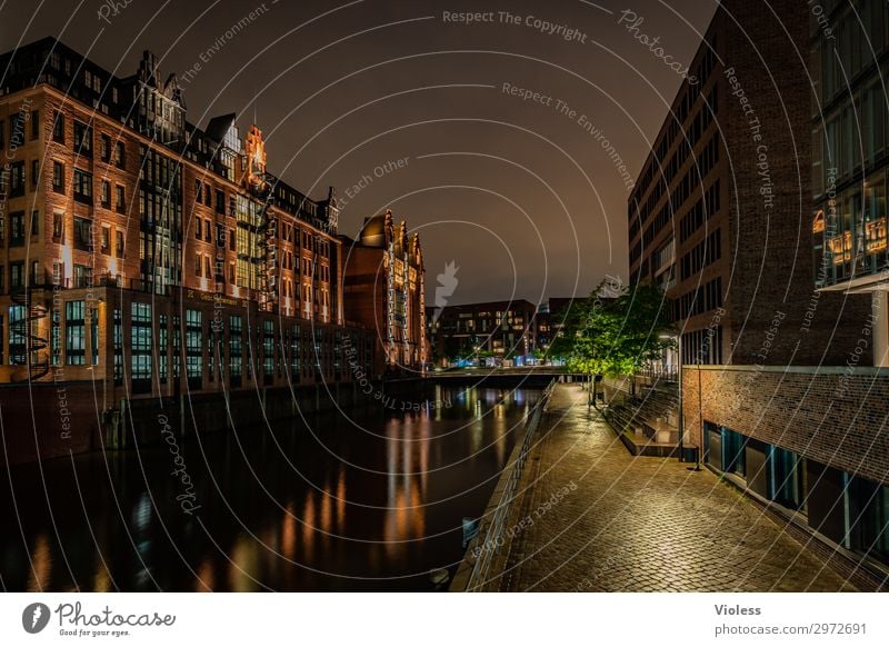At night in Hafencity Port City Downtown Old town Harbour Manmade structures Building Architecture Tourist Attraction Monument Glittering Illuminate Dark