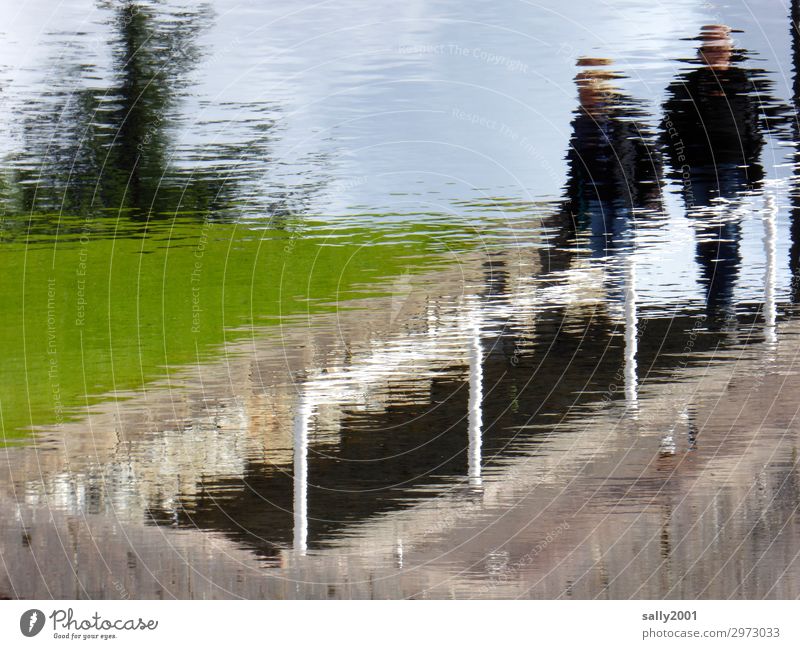 blurry downwards... Human being 2 Stairs Stone Going Blur Downward Handrail Banister River bank Meadow Surrealism Water Colour photo Exterior shot Day